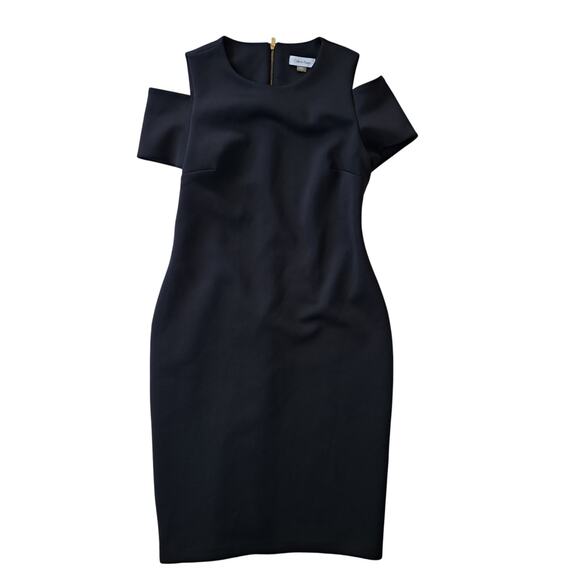CALVIN KLEIN Black Scuba Sheath Dress Size 8 Round Neck Cutout Shoulder - Picture 9 of 11